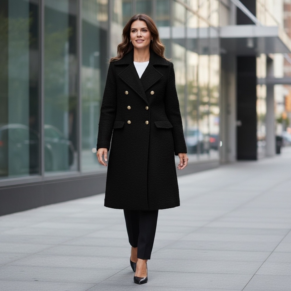 Maeve Black Double Breasted Tweed Coat Maxi Womens 8P Classic Dark Academia Chic - Picture 2 of 12